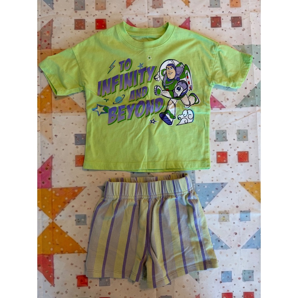 Disney Toy Story Buzz Lightyear Green Graphic Tee and Striped Shorts Set 2T